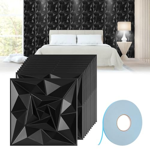 Monucep 3D Wandpaneele 30x30 cm Selbstklebend, 24er Set(2.16m²), Schwarz PVC Wandverkleidung für Gaming Zimmer Deko & TV Hintergrund, Harte Kunststoff Paneele Modernes Design