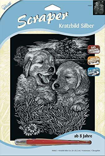 MAMMUT 136041 - Kratzbild, Motiv Hundebabys, silber, glänzend, Komplettset mit Kratzmesser und Übungsblatt, Scraper, Scratch, Kritzel, Kratzset für Kinder ab 8 Jahre