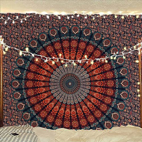 Bless International Indischer Hippie Bohemian Psychedelic Peacock Mandala Wandbehang Bettwäsche Tapisserie (Golden Blue, King (223x264Inches)(225x265Cms))