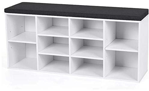 Bakaji - Banco/zapatero con 10 estantes - Fabricado en madera melamínica - Banco con cojín de cuero ecológico - Medidas 104 x 29,5 x 49 cm