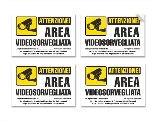 Adesivi Videosorveglianza, mis: 15x10 cm, cartelli area videosorvegliata piccoli, in PVC Morbido, con laminazione protettiva ANTI UV, nuova versione GDPR, in Italiano, Impermeabili, lavabili, 4 pz.