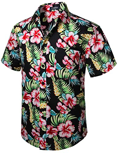 HISDERN Uomo Funky Hawaiana Camicie Floreali Manica Corta Tasca Frontale Vacanze estive Aloha Stampate da Spiaggia Casual Nero Rosa Hawaii Camicia a Fiori