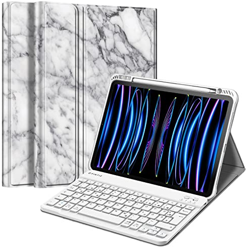 FINTIE Tastatur Hülle für iPad Pro 11 Zoll(4/3/2/1 Gen 2022/2021/2020/2018) | Magnetisch Abnehmbare Deutsches QWERTZ-Layout Bluetooth Tastatur, TPU Rückschale Schutzhülle mit Stifthalter, Marmor Weiß