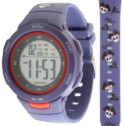 Kiddus Digitaluhr für Mädchen und Jungen von 5 bis 12 Jahren. Mit Stoppuhr, Kalender, Wecker und Licht. Wasserdicht. Beleuchtete LED Sportarmbanduhr für Kinder. Piraten
