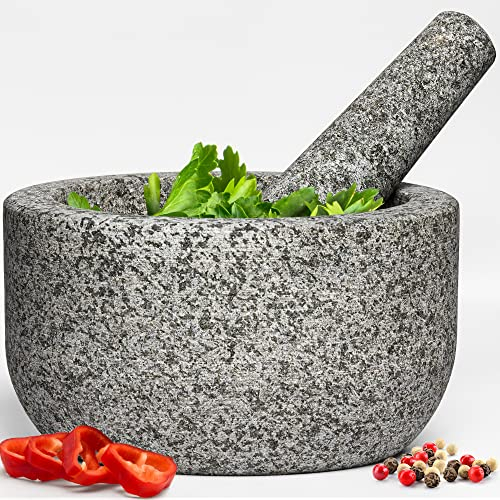 Priority Chef Heavy Duty Extra Large Mortar and Pestle Set, 4 Cup, Hand Carved from Natural Granite, Make Fresh Guacamole, Salsa, Pesto, Stone Grinder Bowl, Herb Crusher, Spice Grinder, Grey