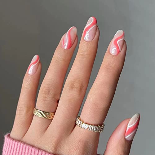 24PCS Short False Nails with Glue Stickers, Coffin Full Cover Acrylic Press on Nails no Glue,Red White Waves French Tip Fake Nails for Women and Girls Nail Art.