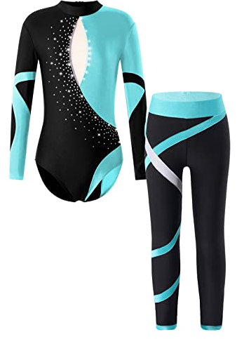 ranrann Enfant Fille Tenue Patinage Artistique Gymnastique Justaucorps Manche Longue avec Legging Danse Costume Spectacle 3-14 Ans Turquoise 13-14 ans