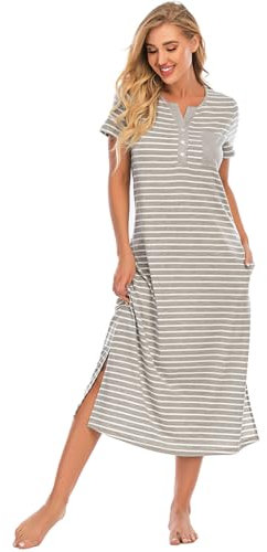 Jlowesun Camicie da Notte da Donna Camicia da Notte a Righe Abito da Notte a Maniche Corte con Bottoni Morbidi e Tasche