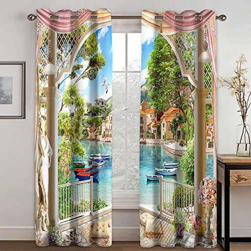 Vorhänge Mit Ösen Für Schlafzimmer Kinderzimmer Geräuschreduzierung 3D Gartenhaus See Segelboot Muster Wohnzimmer Kinderzimmer 2 Stücke 234x230 Cm Blickdichte Gardinen, Verdunkelungsvorhang