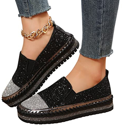 Minetom Sneakers Damen Pailletten Canvas Slip-On Sneakers Weiche Wanderschuhe Flache Strass Glitzer Loafer Mit Gummisohle Freizeitschuhe A Schwarz 38 EU