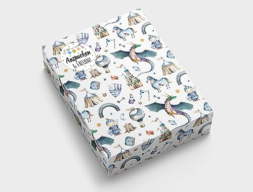 Geschenkpapier für Jungen Ritter Drache Geschenkverpackung für kleine Geschenke Kindergeburtstag Mitgebsel Gastgeschenke verpacken Kindermotiv (6 Bögen in DIN A3 + 6 Aufkleber + 25 Verschlusspunkte)
