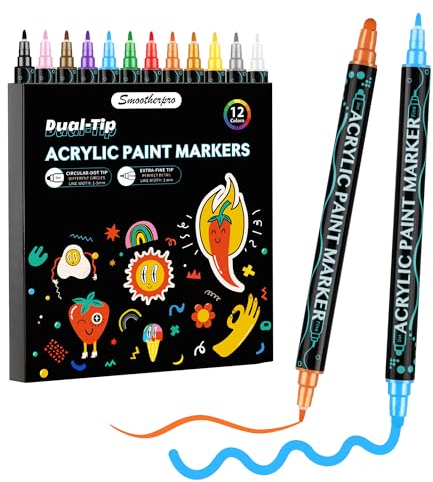 SMOOTHERPRO Pennarelli a Vernice Acrilica 12 Colori Doppie Estremità con Punte Rotonde Fini per Pittura su Roccia Tela Vetro Ceramica Legno Artigianato Fai-Da-Te Decorazione da Colorare (DAP12)