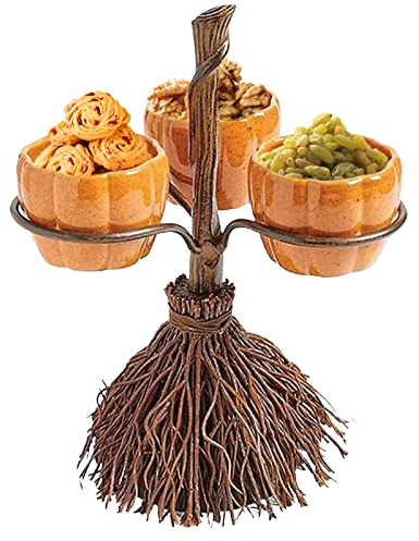 Pumpkin Bowls Halloween Snack Bowl Stand, Witches Broom Dessert Display Tray for Serving Snacks, Salad, Fruit Accessories, Decorations