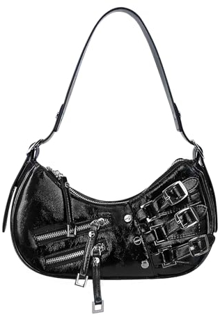 ACUYE - Borsa a tracolla Y2K hobo da donna, borsa a mezzaluna Y2K, con tracolla regolabile in pelle e maniglia superiore, pochette, Nero , 28cm