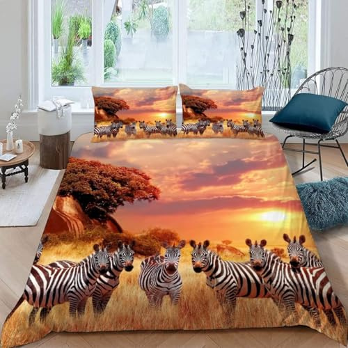 Sezhiqeu Zebra Bettwäsche 155x220, 3D Muster Weich Kuschelig Mikrofaser Bettwäsche Set Afrikanische Savanne Tiere Bettbezug + 2 Kissenbezug 80x80 cm mit Reißverschluss B-1641