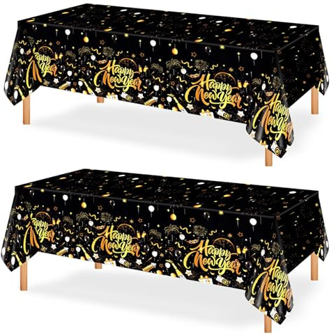 PHOGARY 2pcs 2026 Tischdecken Silvester Neujahr Deko,130x274cm Rechteckige Happy New Year Tischdecke, Einweg Plastik Schwarze goldene Tischdecken Silvester Party Tischdeko Neujahrsdeko