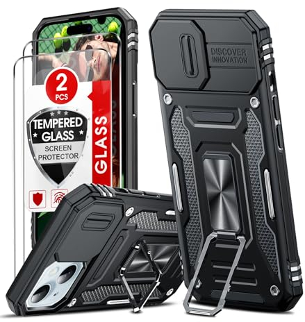 LeYi Kameraschutz Hülle für iPhone 15 Handyhülle [2 Glasfolie Schutzfolie] Militär Handy Hüllen mit Metall Ring Halter Schutzhülle Outdoor Kratzfest Cover i Phone 15 Case Schwarz