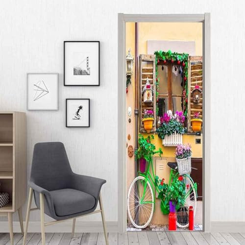 3D Window Sill Flower Basket Bicycle Door Sticker Peel And Stick Vinyl Wrap Door Cover Door Decal Office Door Sign Bedroom Door Sign Front Door Decor Removable Door Decal 77 X 200 Cm Door Ph -4M9Q7B6C