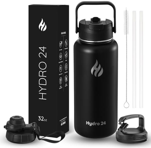 Hydro 24 - Vacuum Insulated Water Bottle with Straw 1000ml - 3 Lids (2-in-1 Lid, Spout Lid, Handle Lid) - Keeps Cold 24H & Hot 12H - Stainless Steel Water Bottle Great for Gym, Travel