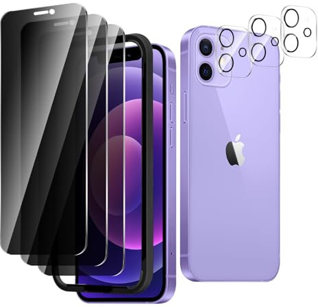 Lot de 3 protecteurs d'écran de confidentialité pour iPhone 12 Mini [5,4 pouces] avec 3 protections d'objectif d'appareil photo, cadre de montage, verre trempé noir anti-espion dureté 9H,
