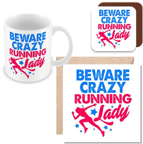 MUGGZ Mug, Card & Coaster Gift for Runner/Running Enthusiast - Beware Crazy Running Lady - Giftset - Made in The UK
