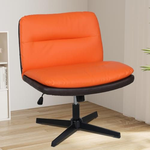 YU YUSING Bürostuhl Ohne Armlehnen, Schreibtischstuhl mit PU Leather, 360° Drehstuhl mit Breiterem Polster, Höhenverstellbar, Wippfunktion, Lesesessel mit überkreuzten für Haus, Orange und Schwarz