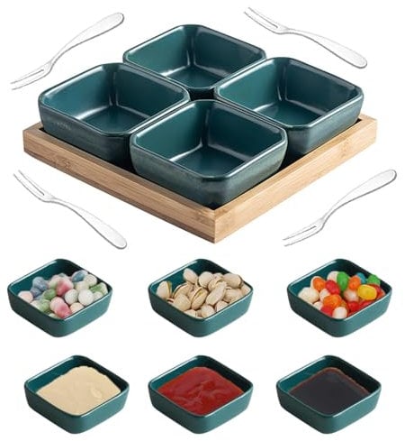 Ceramic Dipping Bowls Set of 4 with Wooden Serving Tray Sets Seasoning Dish, Sushi Dipping Dish, Snack Dish for Appetizers, Desserts, Ice Cream, Perfect for Dinner, Afternoon Tea, Baking, Grilling