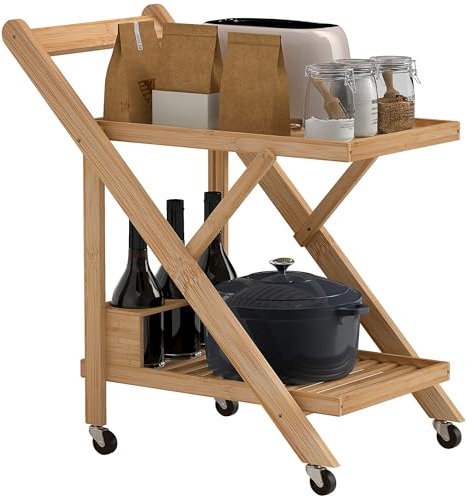 HOMCOM Carrello da Cucina a 2 Livelli Pieghevole con Ruote, Carrello Portavivande da Portata con Portabottiglie in Legno di Bambù a Doghe, 66x40x70 cm, Naturale