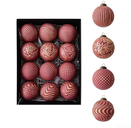 CYRENT 12-teiliges Weihnachtskugel-Set im antiken Vintage-Stil und Retro-Design mit leichtem Kunststoff zum Aufhängen an Bäumen (rot)
