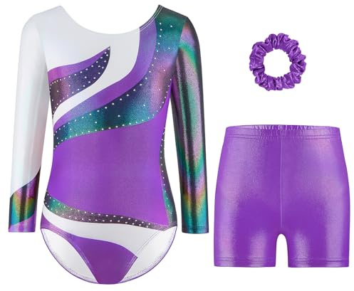 Cucudy Justaucorps de gymnastique 151 pièces pour fille - Dégradé de couleurs - Avec short - Bandeau à cheveux scintillant - Sans manches - Pour la danse, le ballet, la gymnastique - Sportif - Pour