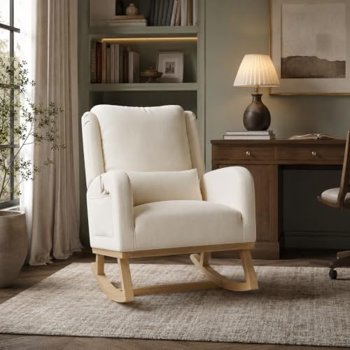 HYNHXBP Fauteuil à Bascule, Fauteuil à Bascule avec Poches latérales, Pieds en Bois Massif, Fauteuil de Salon, Convient pour Le Salon et la Chambre (Beige-Lin)