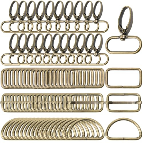 GUBOCA 100 stycken karbinhakar med vridfog, sömnadstillbehör, D-ring, triglide-skjutspänne, rektangulär ring för gör-det-själv väsktillbehör, BRONS, 25 mm