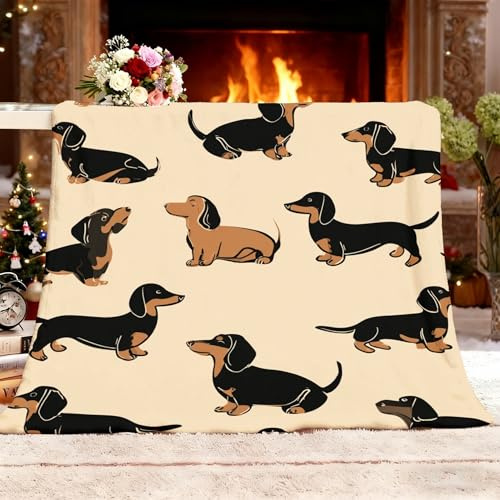 Behaart Kuscheldecke L 70x100 cm Hellgelb Flauschig Fleecedecke als Bettdecke/Sofadecke Dackel-Motiv Wohndecke Weiche & Warme Flanell Bettüberwurf für Erwachsene Kinder