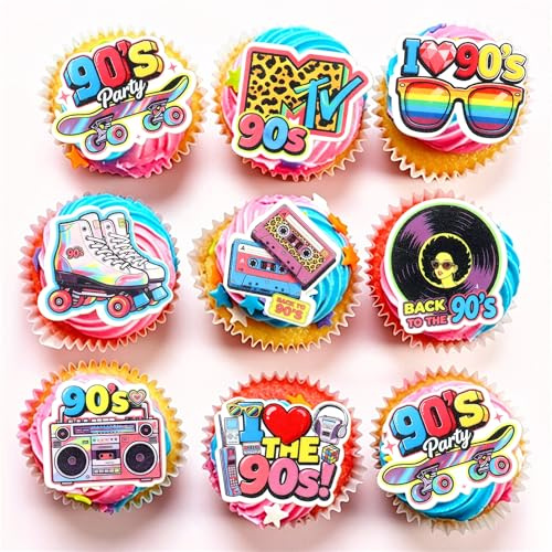 Blumomon 40Pcs Pre-Cut Edible 90s Retro Music Skate Roller Skating Cupcake Toppers Vintage Hip Hop Skateboard Roller Skate Themed Cake Decoration Picks 90s Throwback Party Cake Decor Supplies