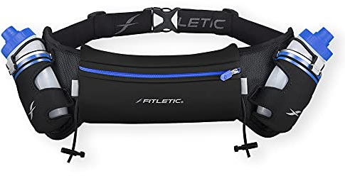Fitletic Hydration Running Belt with Water Bottles (2X 250ml) Bum Bag with Adjustable Strap and Running Gels Holder Ideal Waist Bag Smart Phone Holder for Men and Women (S/M) (Black/Blue)