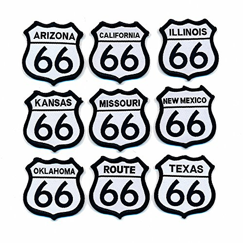 hegibaer 9er Set mit 48 x 48 mm Route 66 Amerika USA Mother Road Patches Aufnäher Aufbügler