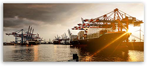 ge Bildet Bild auf Leinwand | Hamburger Hafen in 100x40 cm als Panorama Wandbild | Wand-deko Dekoration Wohnung modern Bilder | 1247