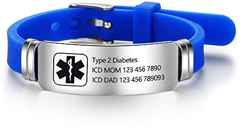 Grand Made Kostenlose Gravur 9 Zoll Silikon Einstellbare Medizinische ID Armbänder für Männer Frauen Kinder - Wasserdichte Edelstahl Gummi Alert Sport Emergency (Blue & Silver)
