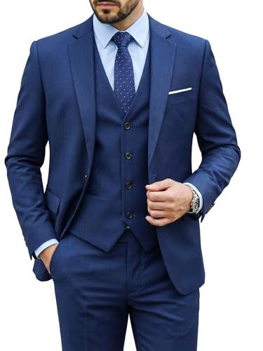 MY'S Men's 3 Piece Slim Fit Suit Set, One Button Solid Jacket Vest Pants with Tie Deep Blue