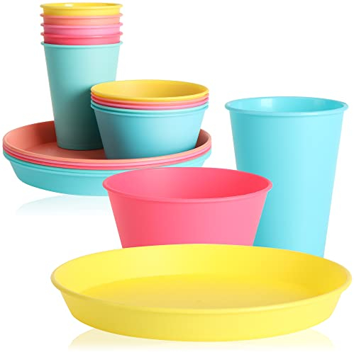 com-four® Juego de 18 piezas, tazas, tazones, platos, utensilios de picnic y barbacoa de colores vibrantes, viaje de campamento para 6 personas (Vajilla - 18 piezas)