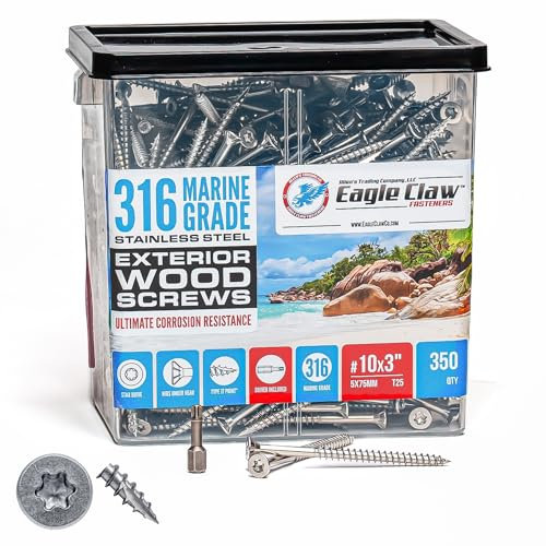 #10 x 3 Inch 316 Marine Grade Stainless Steel Wood Screws 350 Pack T25 Star Drive Type 17 Point for Docks, Decks, Jetties, Fences or Any Coastal Marine Construction by Eagle Claw Fasteners