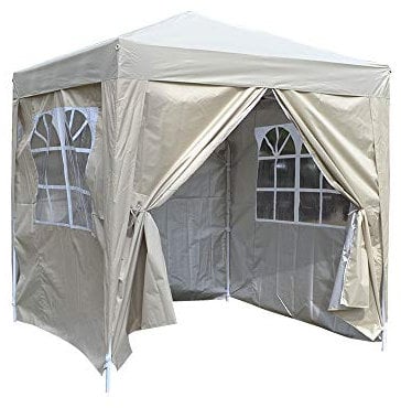 Pop Up 2 x 2m Outdoor Gazebo Marquee Garden Awning Tent Folding Canopy with 4 Sidewall and Carrying Bag for Festival Wedding Party (Beige)