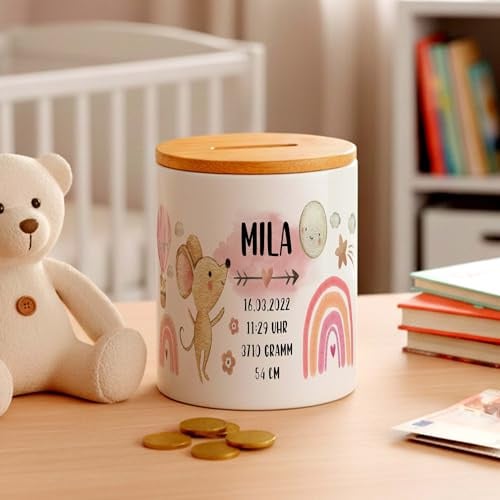 Maus Geburts-Daten Kinder-Spardose für Mädchen mit Namen personalisiert zur Einschulung Taufe Geburtstag Geburt Sparschwein Geldgeschenk Kinderspardose