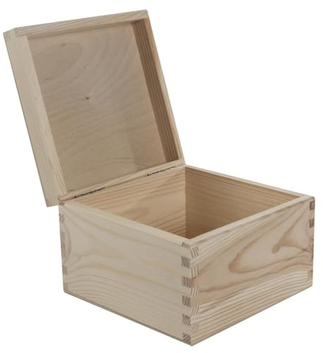 WooDeeDoo Square Wooden Box with Hinged Lid – 16 x 16 x 10.5 cm – Pine Cube Keepsake Memory Chest for Gifts Trinkets Crafts Decoration Unpainted Untreated Storage DIY