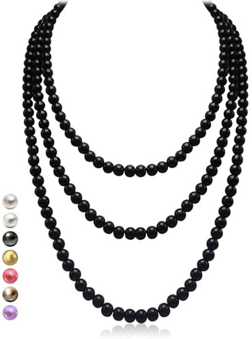 Halukakah Collana Lunga Perle Anni '20 per Donne - Esquisite Perle Coltivate Naturali - Lussuoso Filo da 8mm con Eleganza Senza Tempo - Mezzanotte Nera Lunghezza 150cm -Perfetto per Occasioni Speciali