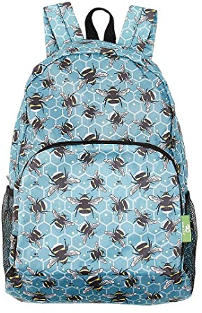 Eco Chic Lightweight Foldable Water Resistant Backpack Rucksack Folds into Pouch for Storage (Bumble Bees Blue)