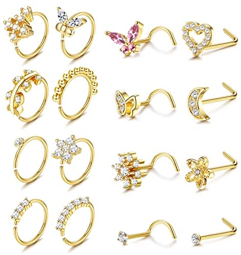 Kakonia 16Pcs Nose Rings for Women Surgical Steel Nose Studs Hoops 20G Nose Hoop Corkscrew L Shaped Nose Stud Gold Silver Nose Ring Nose Piercing Jewelry Gold