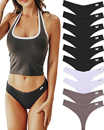 FINETOO 10er Damen Baumwoll Strings Set Tanga Unterhosen Frauen Weich Unterwäsche Niedrige Taille Slips Atmungsaktive Pants S-XL