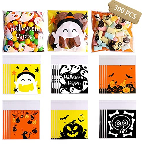 300 Pcs Halloween Cellophan Candy Bag, Selbstklebende Klare Plätzchen-Leckerei-Taschen, Kunststoff-Geschenktüten für Halloween Party Favors, Geschenkartikel, Hausgemachtes(6 Arten)