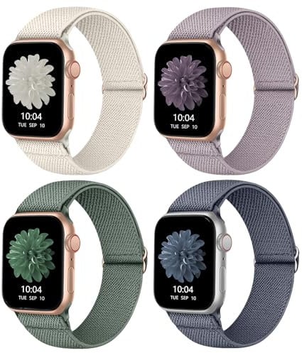 CCnutri 4 Pack Stretchy Nylon Strap Compatible with Apple Watch Straps 38mm 40mm 41mm 42mm(series 10), Adjustable Sport Elastic Bands for iWatch Series 10/9/8/7/6/5/4/3/2/1/Ultra/Ultra 2/SE